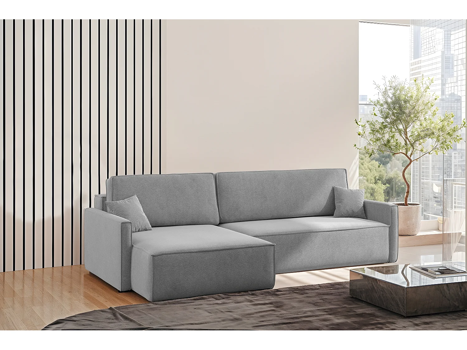 Schlafsofa Carlos L-Form, Ecksofa Mit Bettkasten Und Schlaffunktion Stoff Salvador Links Grau