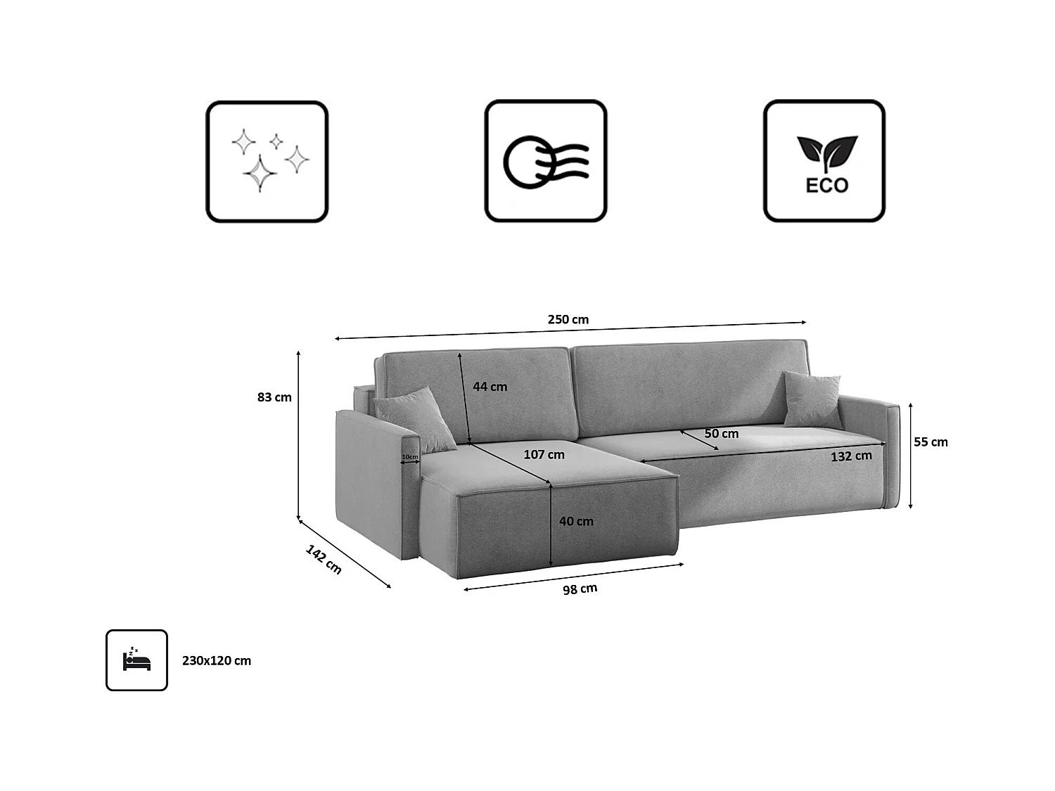 Schlafsofa Carlos L-Form, Ecksofa Mit Bettkasten Und Schlaffunktion Stoff Salvador Links Grau