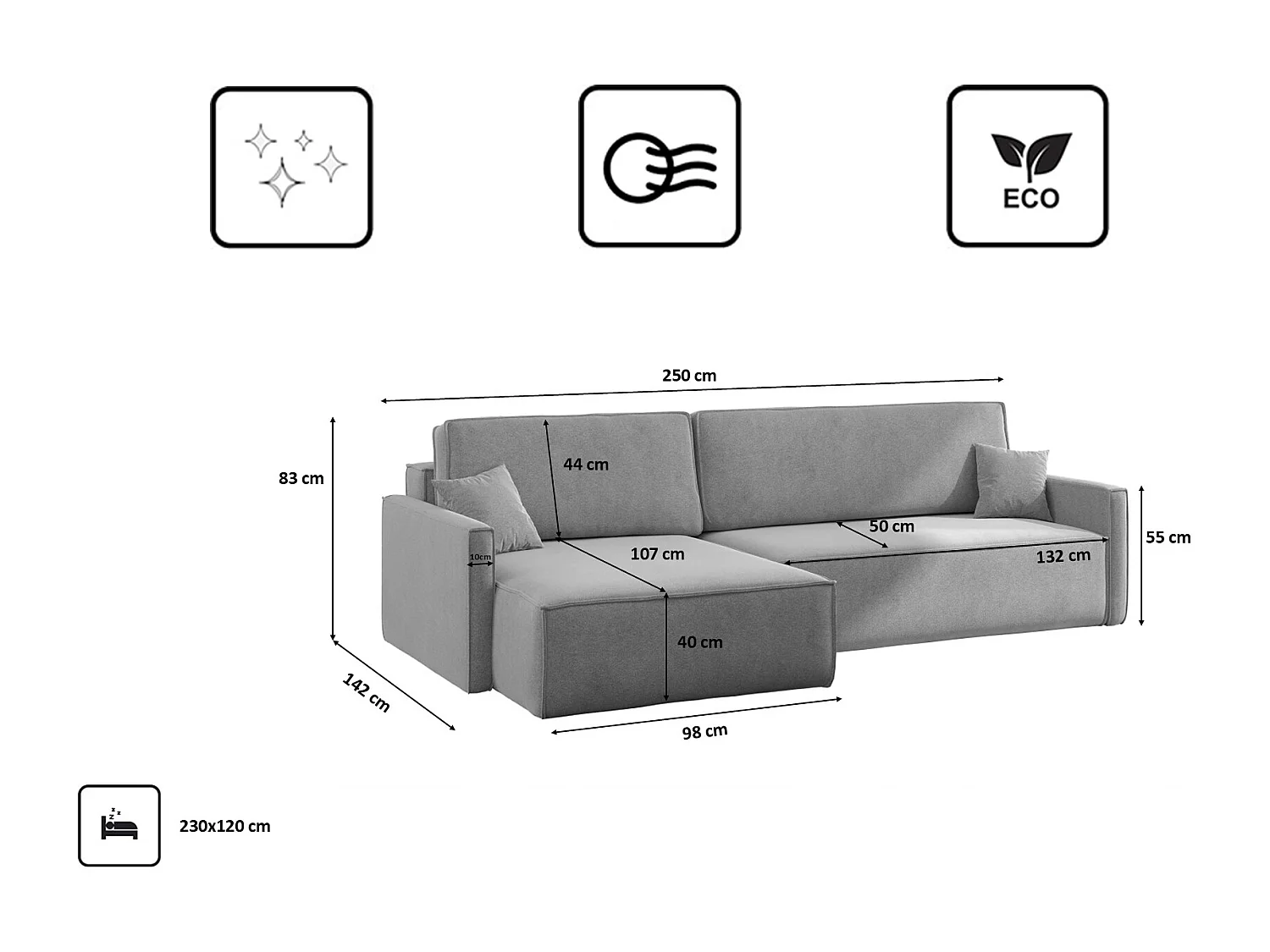 Schlafsofa Carlos L-Form, Ecksofa Mit Bettkasten Und Schlaffunktion Stoff Salvador Links Grau