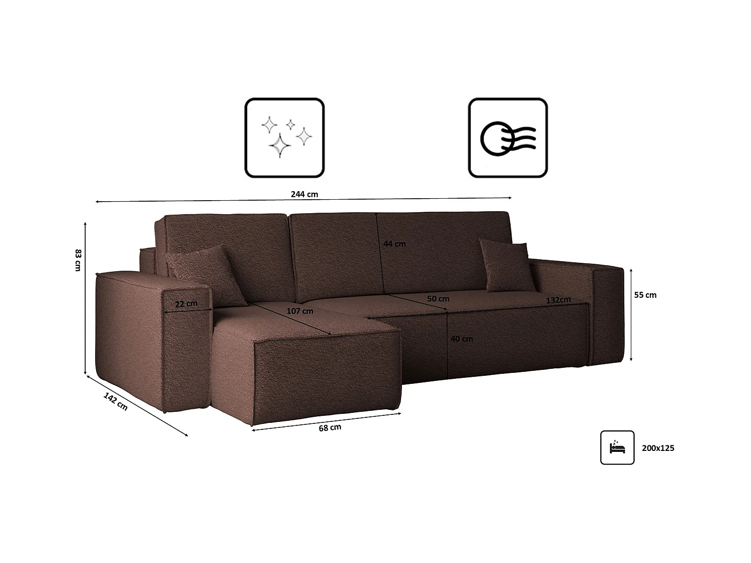 Ecksofa mit schlaffunktion und bettkasten, Ecksofa L-Form, Eckcouch L-Form BEST stoff Abriamo Braun Links