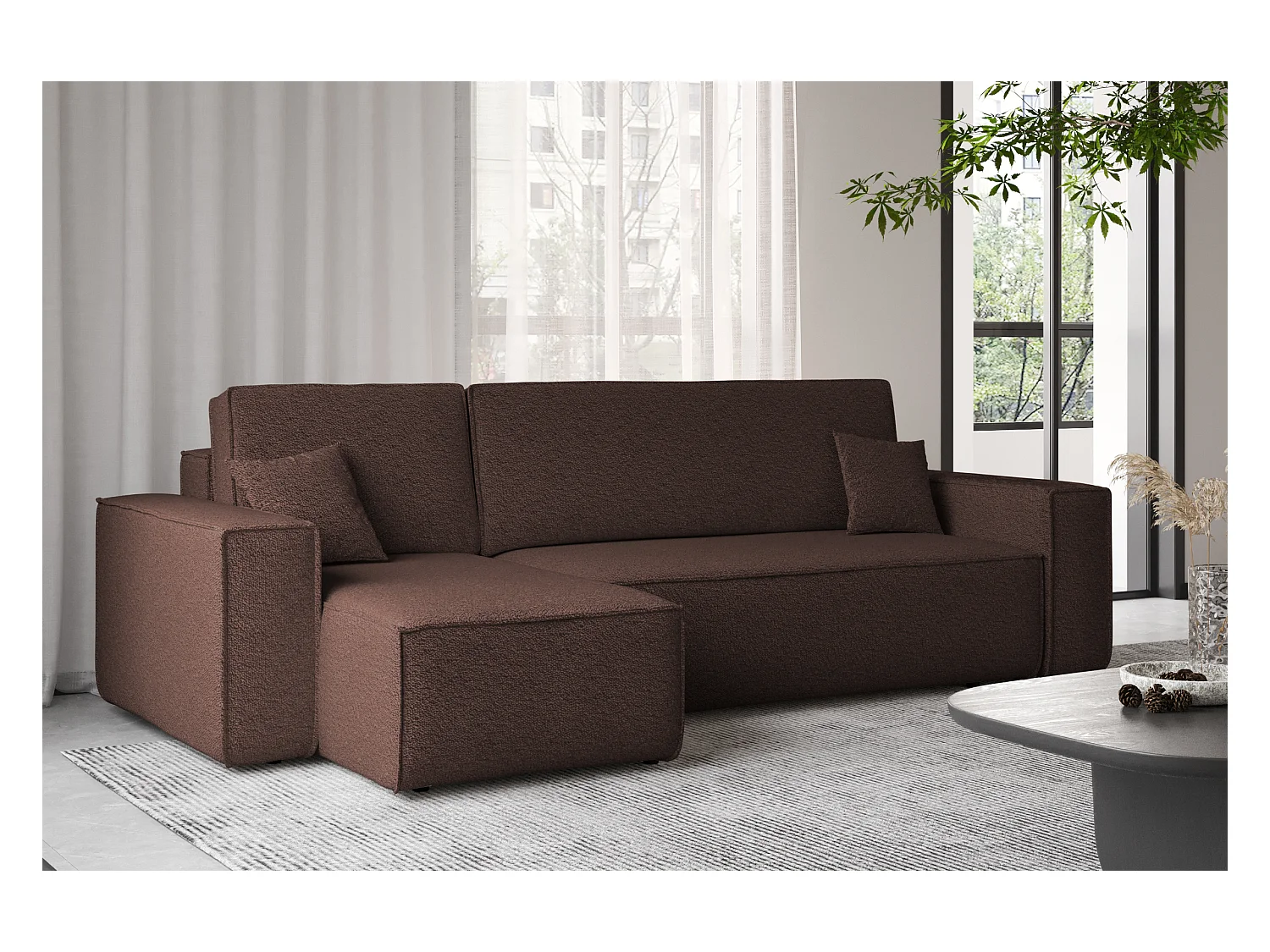 Canapé d'angle avec fonction couchage et coffre de lit, canapé d'angle en L, canapé d'angle en L BEST tissu Abriamo Marron Gauche