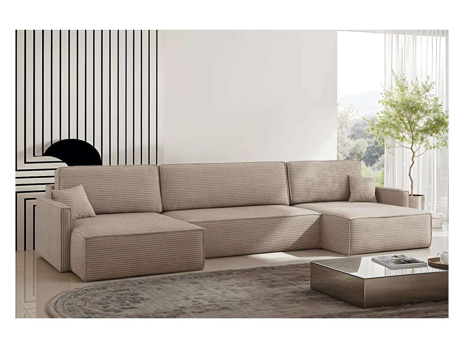 Divano angolare Carlos con funzione letto e box letto Elegante tessuto Poso beige scuro