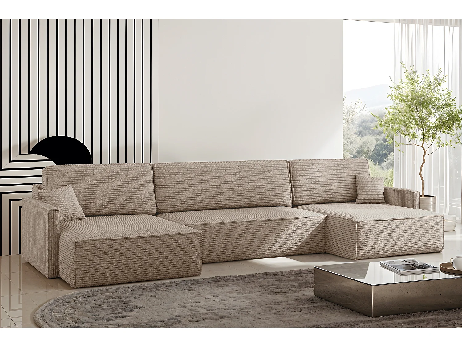 Canapé d'angle Carlos avec fonction couchage et coffre de lit Tissu élégant Poso beige foncé