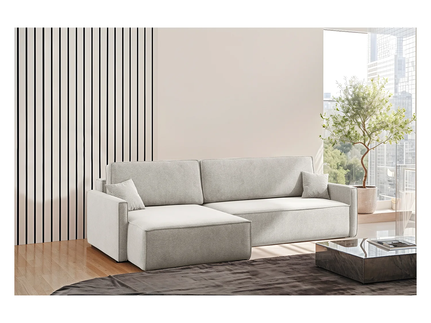 Schlafsofa Carlos L-Form, Ecksofa Mit Bettkasten Und Schlaffunktion Stoff Salvador Rechts Hellgrau