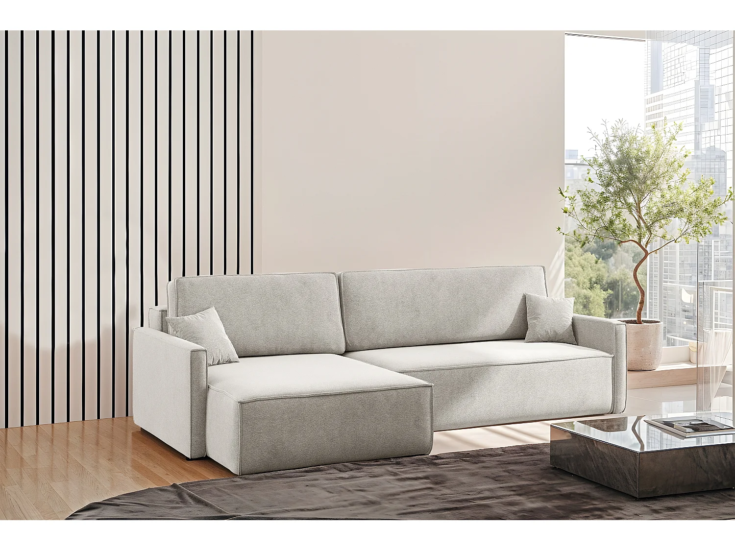 Schlafsofa Carlos L-Form, Ecksofa Mit Bettkasten Und Schlaffunktion Stoff Salvador Rechts Hellgrau