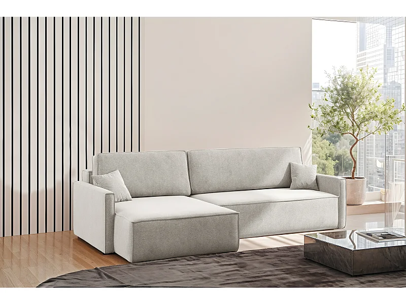 Canapé-lit en L Carlos, canapé d'angle avec coffre de lit et fonction couchage, tissu Salvador droit, gris clair