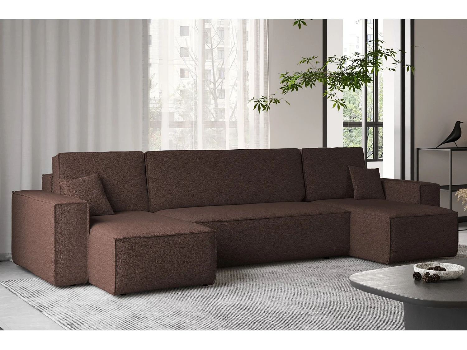 Ecksofa mit schlaffunktion und bettkasten, Sofa U-form, Couch U-form BEST stoff Abriamo Braun