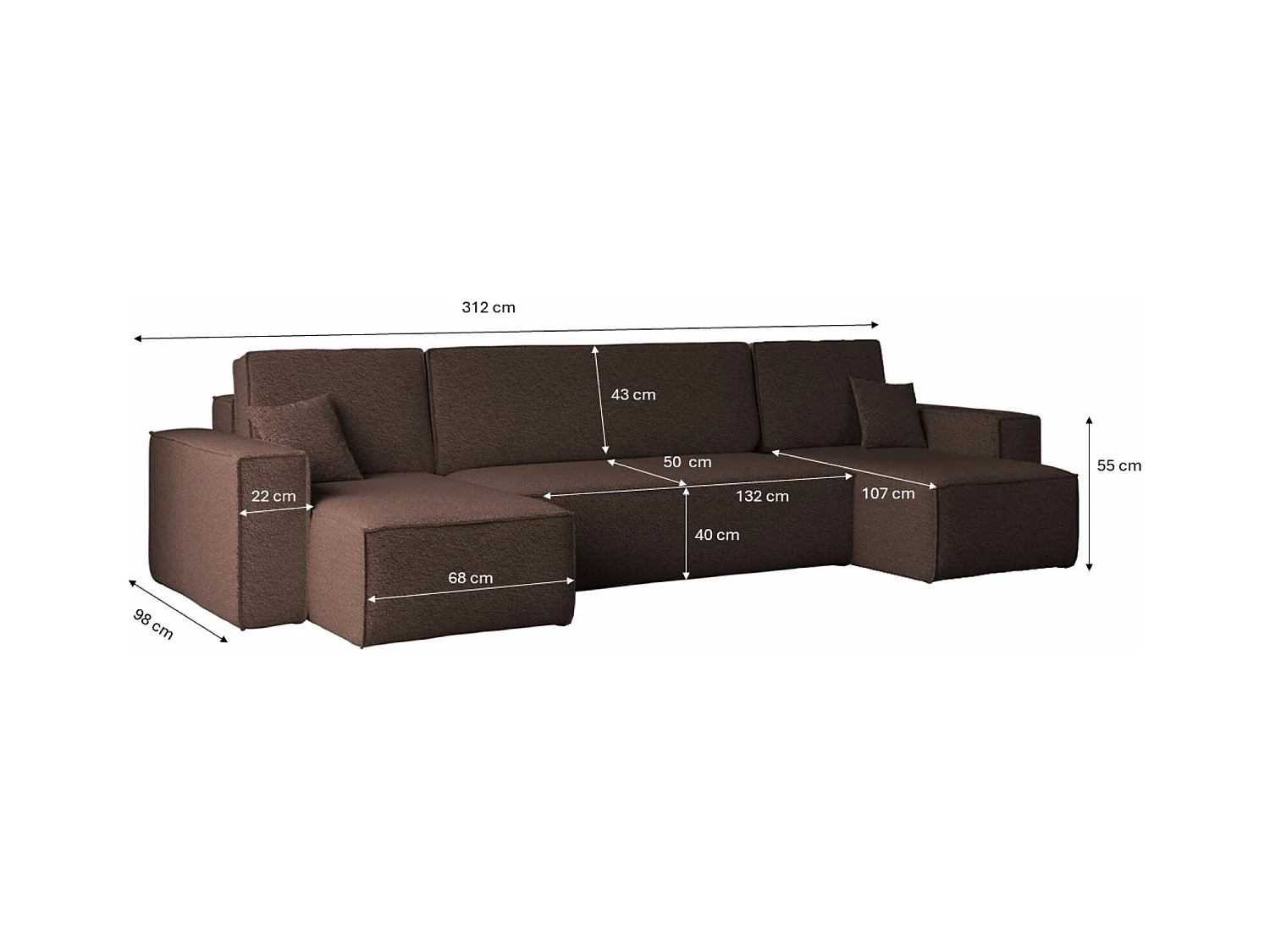 Ecksofa mit schlaffunktion und bettkasten, Sofa U-form, Couch U-form BEST stoff Abriamo Braun