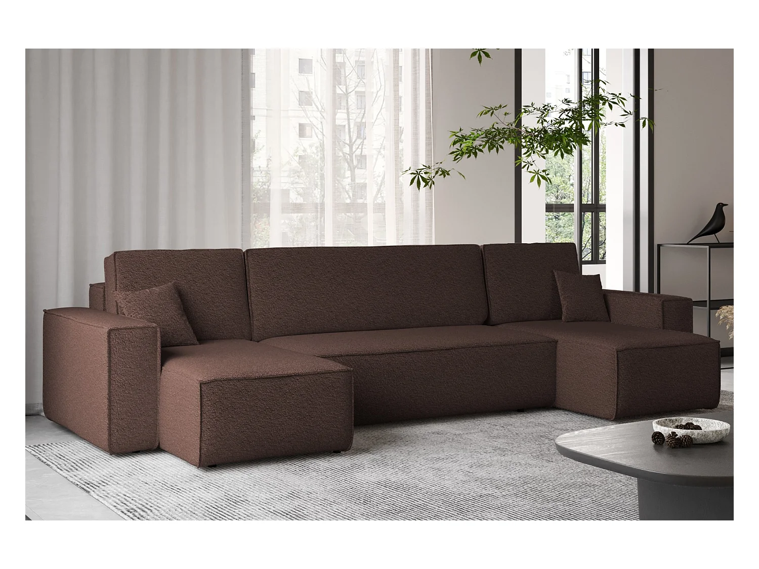 Divano angolare con funzione letto e contenitore, divano a U, divano a U tessuto BEST Abriamo Brown