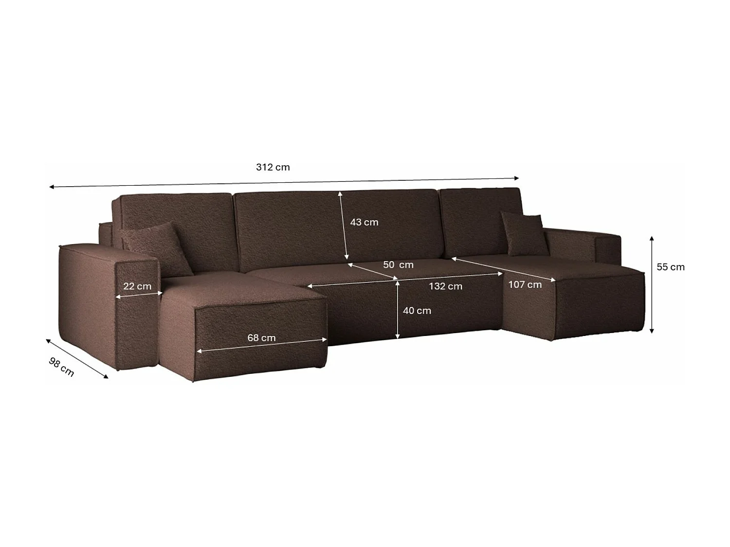 Canapé d'angle avec fonction couchage et coffre de lit, canapé en U, canapé en U BEST tissu Abriamo Marron
