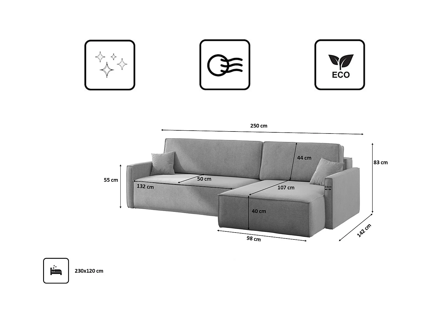 Schlafsofa Carlos L-Form, Ecksofa Mit Bettkasten Und Schlaffunktion Stoff Salvador Rechts Grau