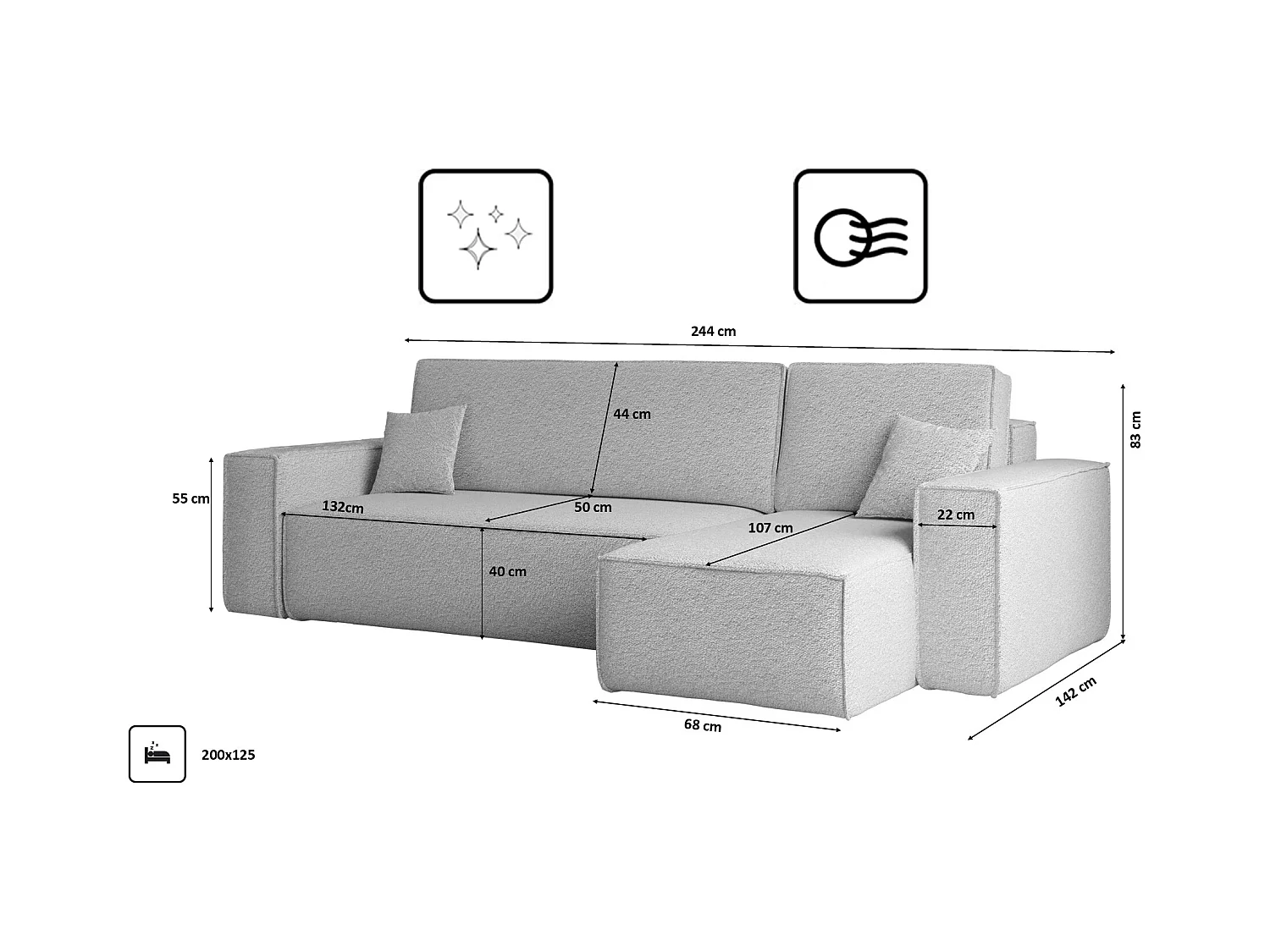 Ecksofa mit schlaffunktion und bettkasten, Ecksofa L-Form, Eckcouch L-Form BEST stoff Abriamo Hellgrau Rechts