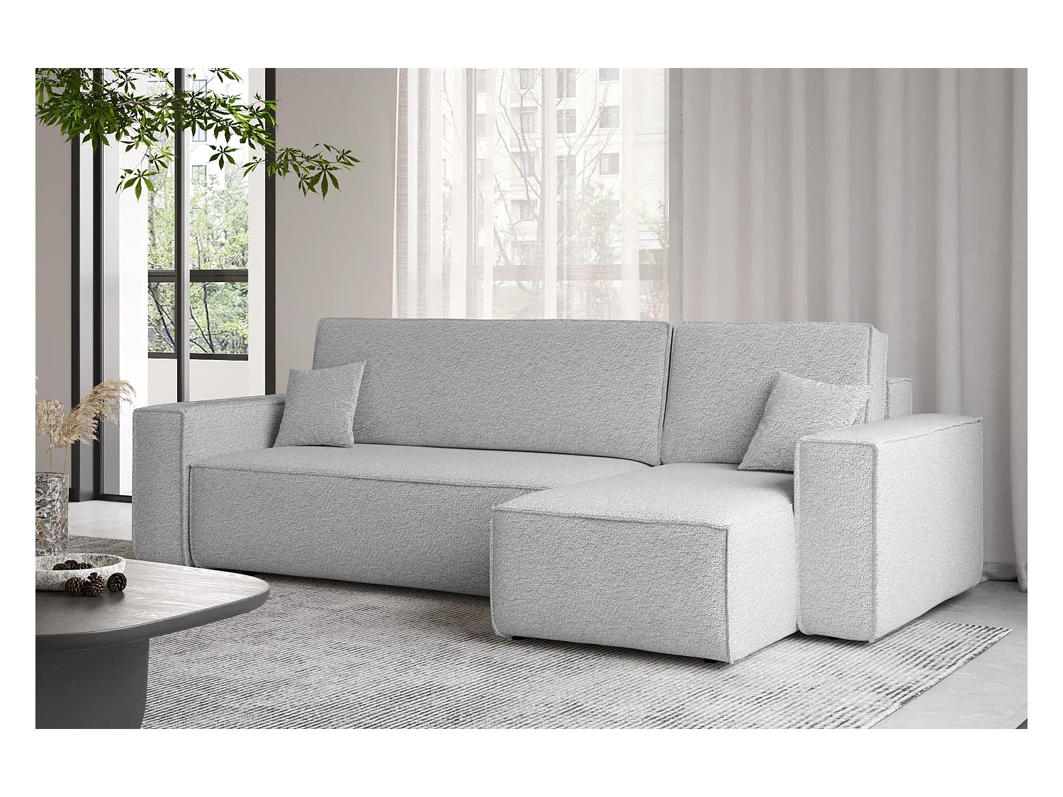 Canapé d'angle avec fonction couchage et coffre de lit, canapé d'angle en L, canapé d'angle en L BEST tissu Abriamo gris clair droite