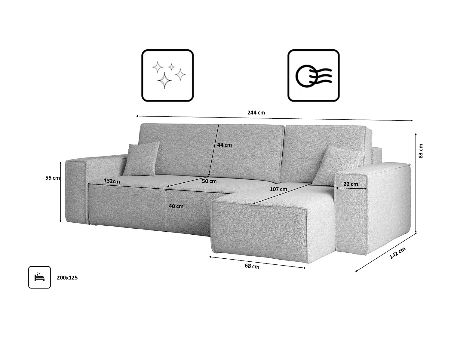Ecksofa mit schlaffunktion und bettkasten, Ecksofa L-Form, Eckcouch L-Form BEST stoff Abriamo Hellgrau Rechts