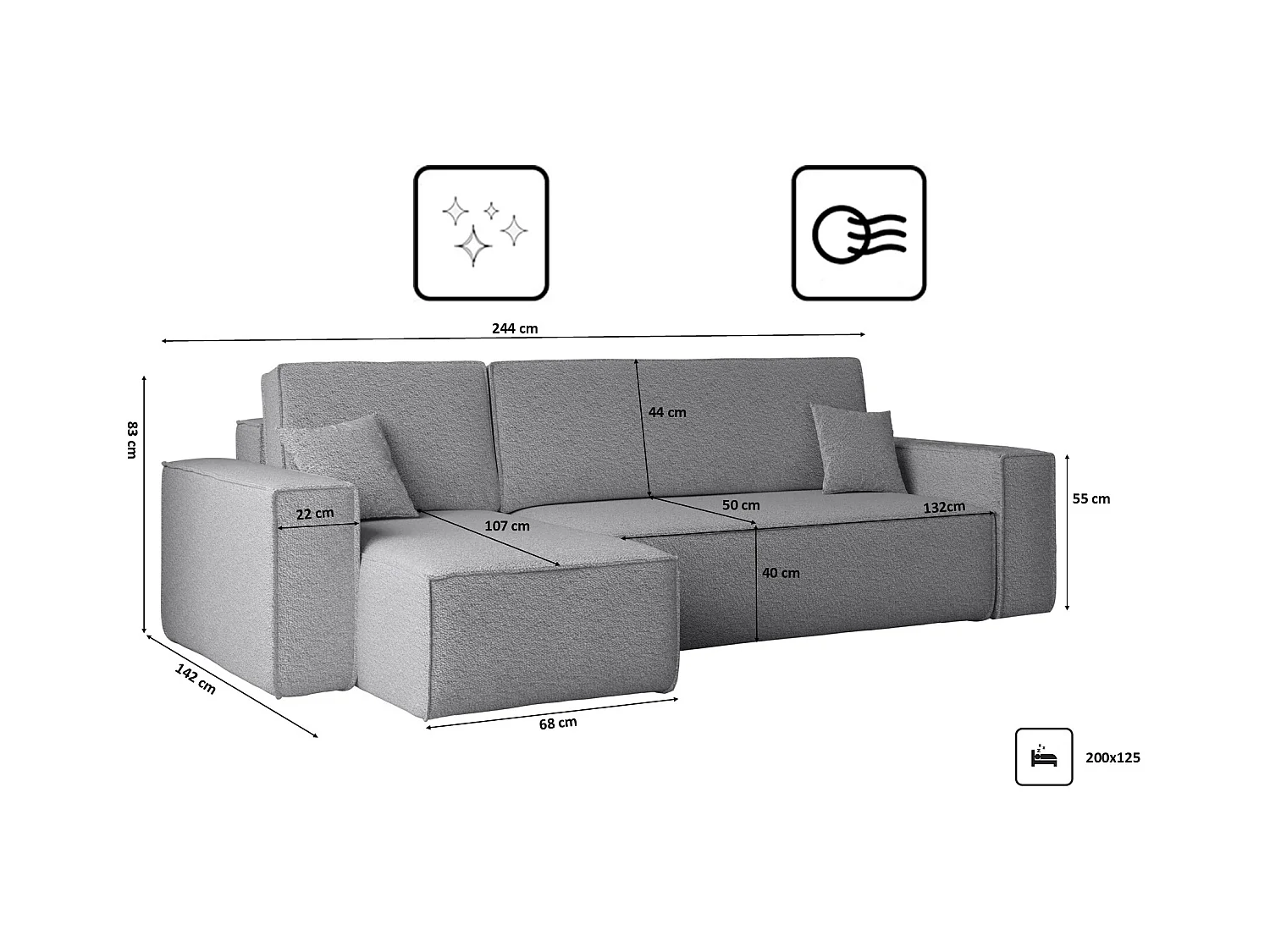 Ecksofa mit schlaffunktion und bettkasten, Ecksofa L-Form, Eckcouch L-Form BEST stoff Abriamo Grau Links