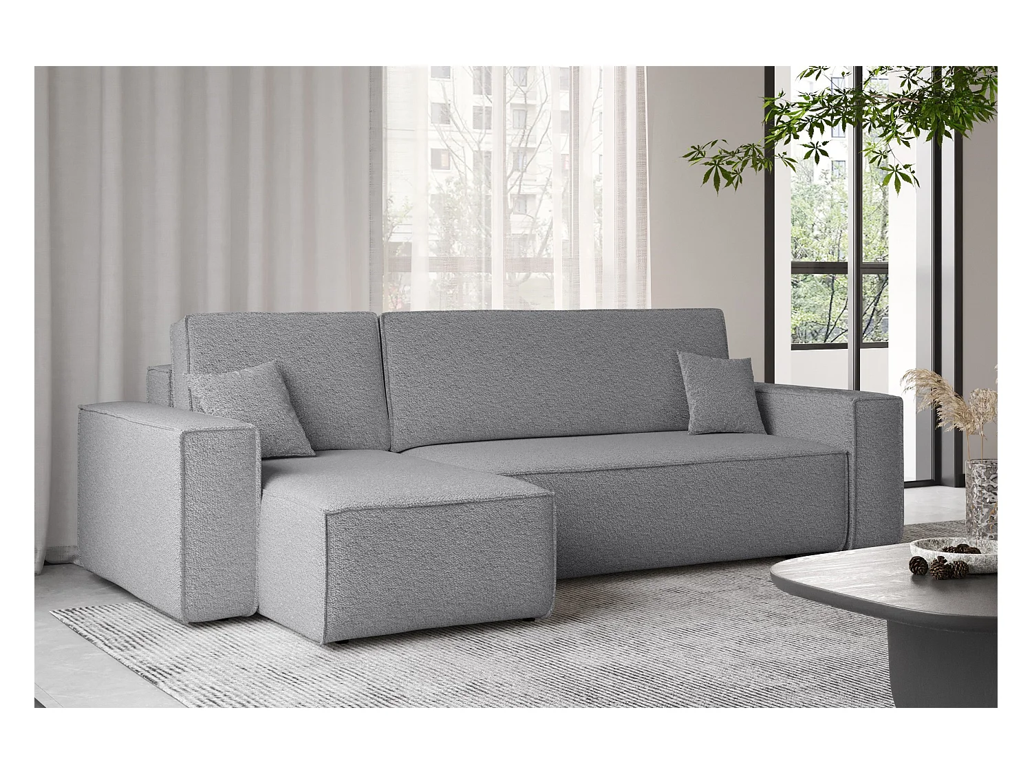 Canapé d'angle avec fonction couchage et coffre de lit, canapé d'angle en L, canapé d'angle en L BEST tissu Abriamo Gris Gauche