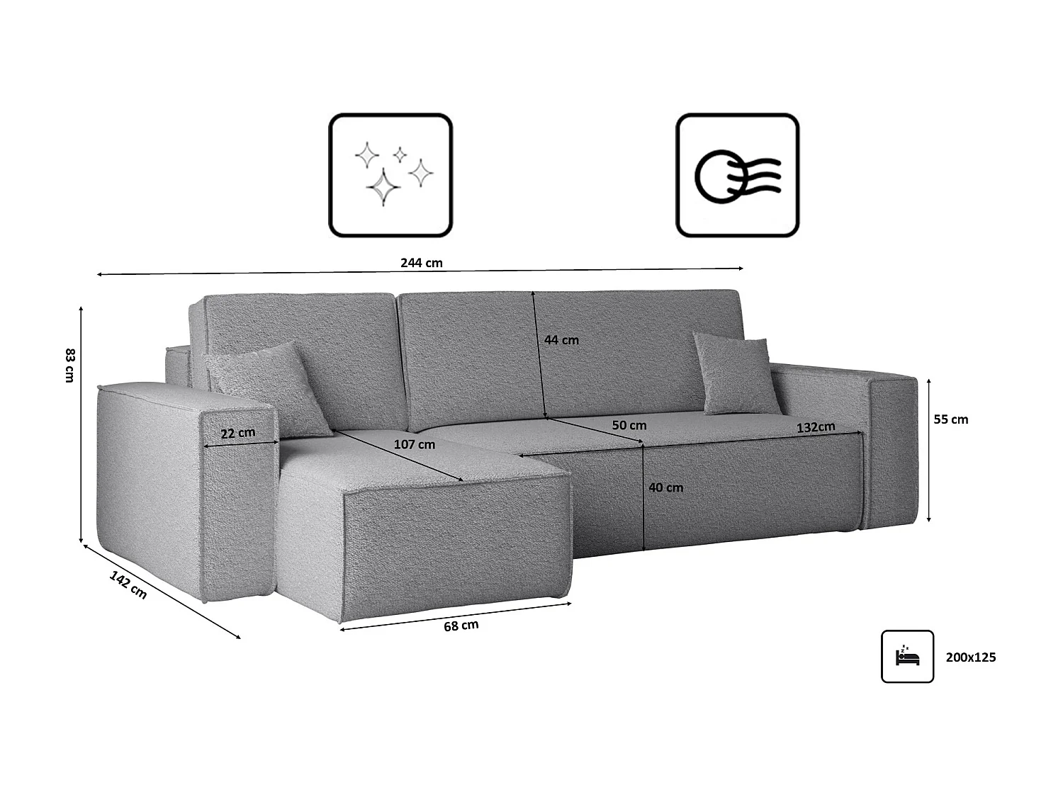 Canapé d'angle avec fonction couchage et coffre de lit, canapé d'angle en L, canapé d'angle en L BEST tissu Abriamo Gris Gauche