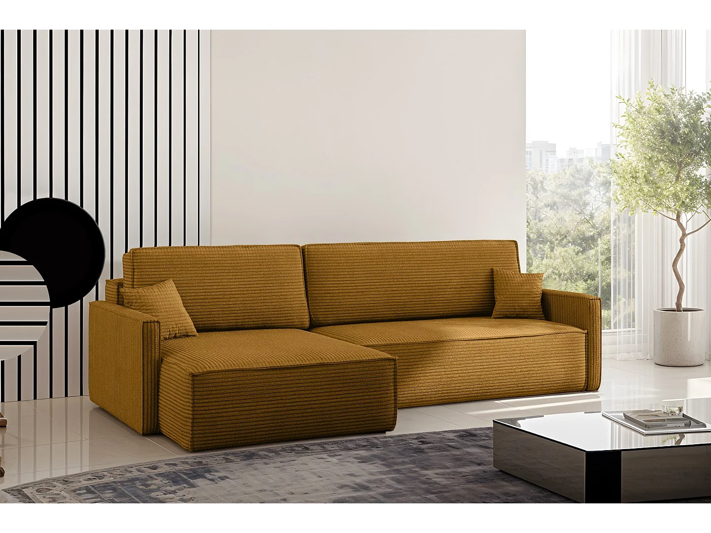 Canapé-lit Carlos, canapé d'angle en L avec fonction couchage et coffre de lit, tissu Poso couleur moutarde, gauche