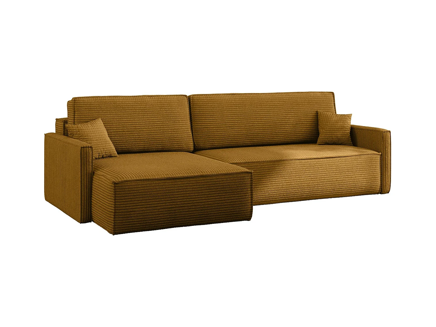 Canapé-lit Carlos, canapé d'angle en L avec fonction couchage et coffre de lit, tissu Poso couleur moutarde, gauche