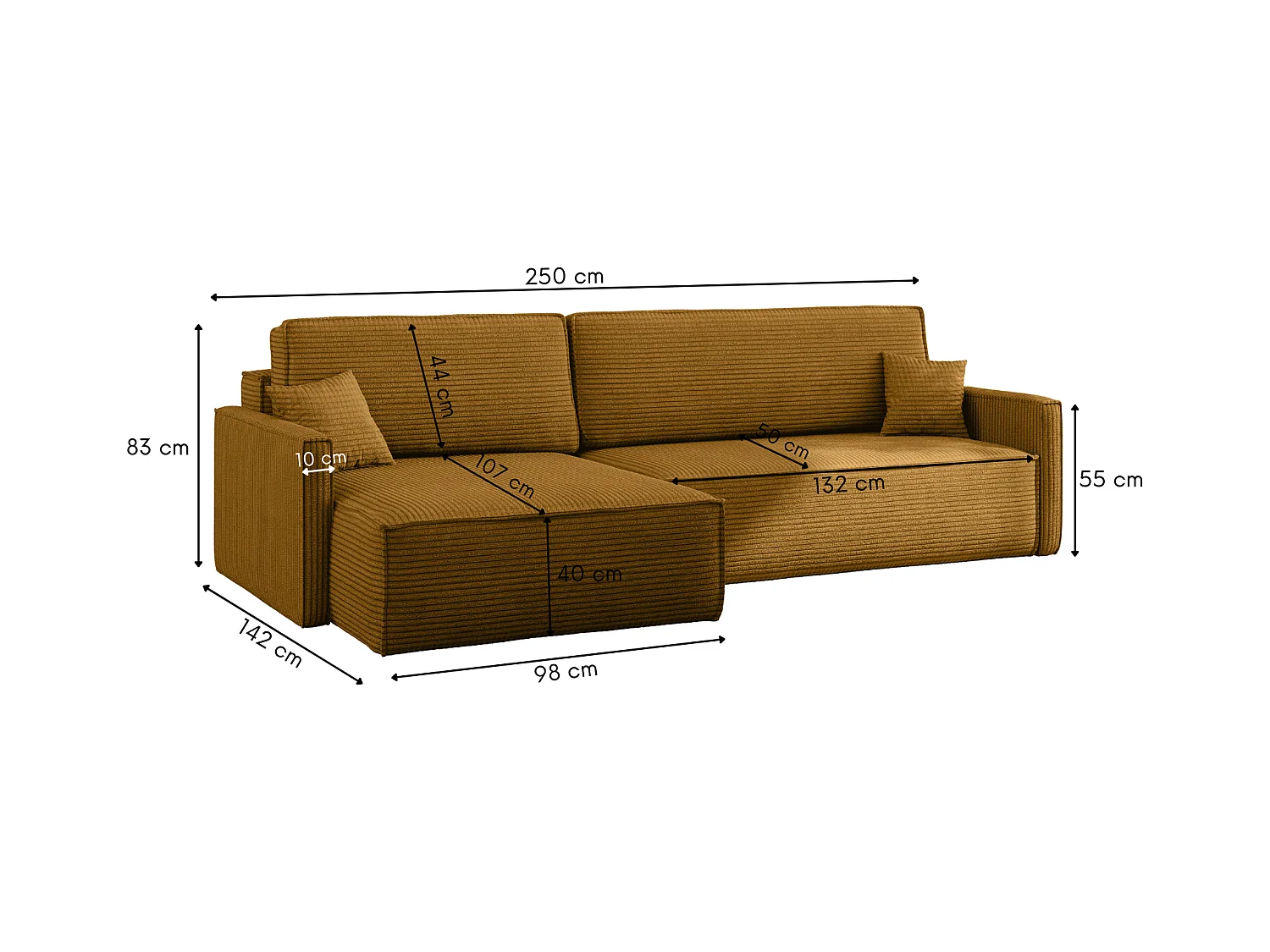 Canapé-lit Carlos, canapé d'angle en L avec fonction couchage et coffre de lit, tissu Poso couleur moutarde, gauche