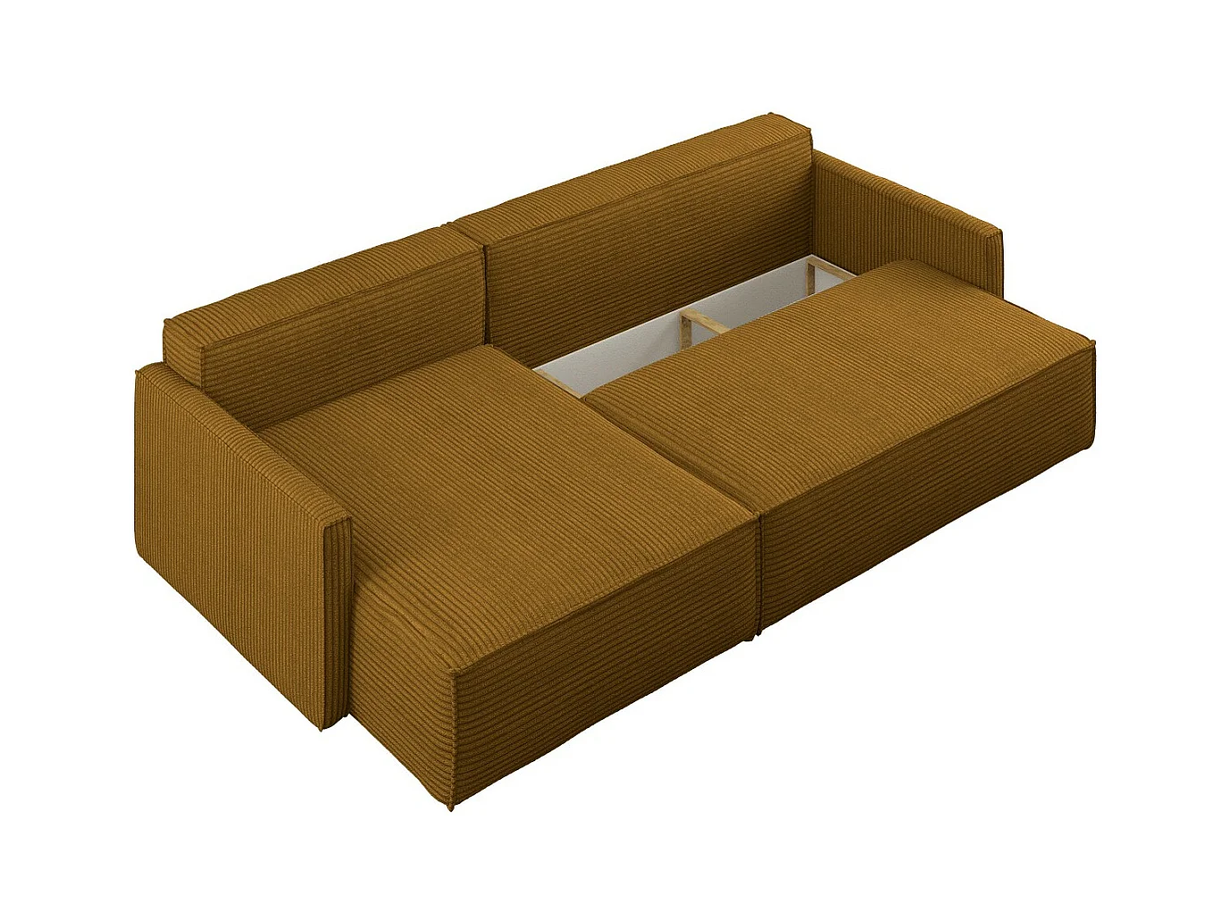 Canapé-lit Carlos, canapé d'angle en L avec fonction couchage et coffre de lit, tissu Poso couleur moutarde, gauche