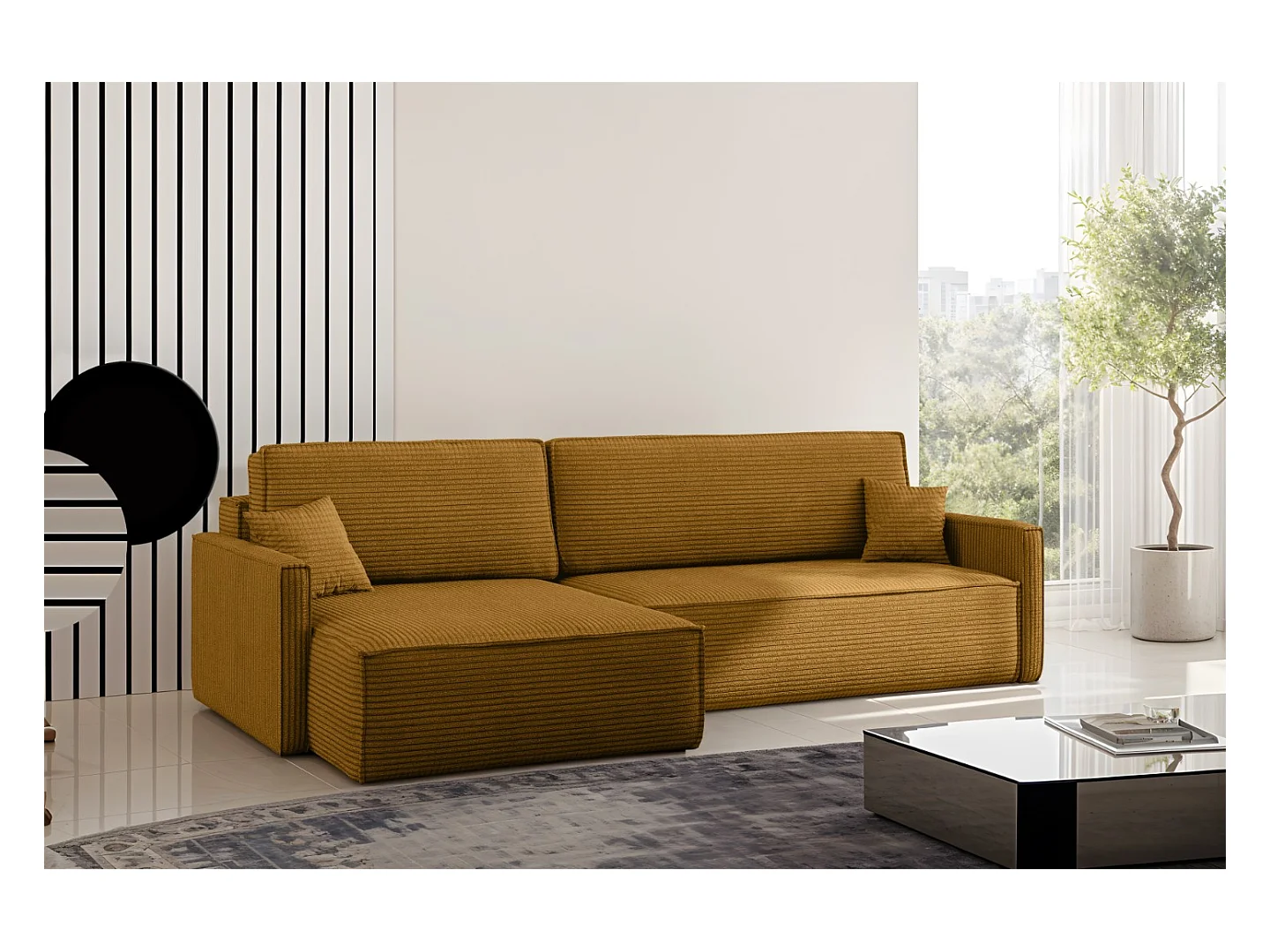 Schlafsofa Carlos, Ecksofa L-Form mit schlaffunktion und bettkasten Stoff Poso Senffarbe Links
