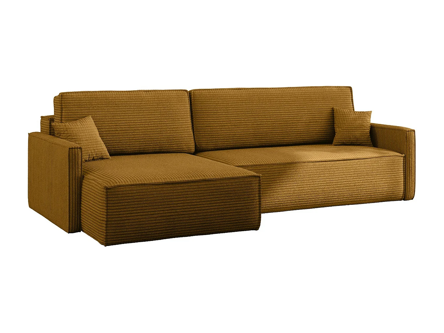 Canapé-lit Carlos, canapé d'angle en L avec fonction couchage et coffre de lit, tissu Poso couleur moutarde, gauche