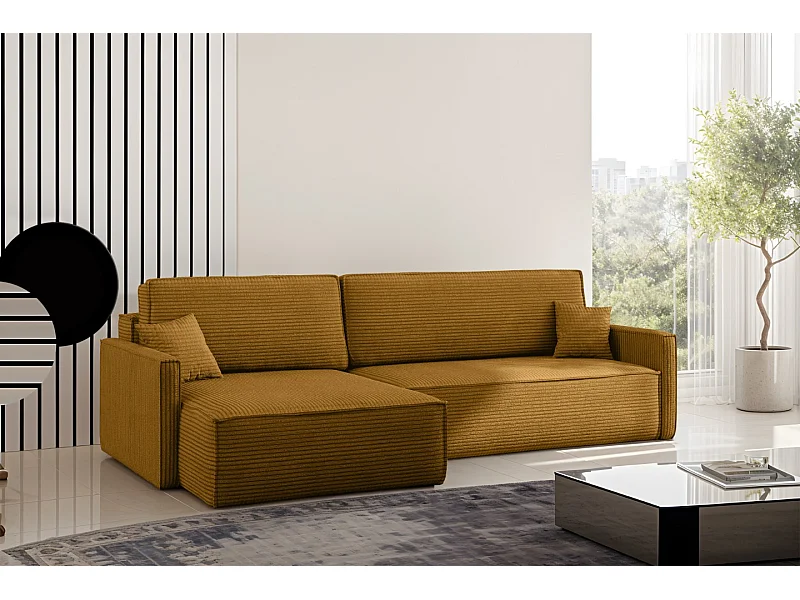 Carlos slaapbank, L-vormige hoekbank met slaapfunctie en bedstee, stof Poso mosterdkleur, links