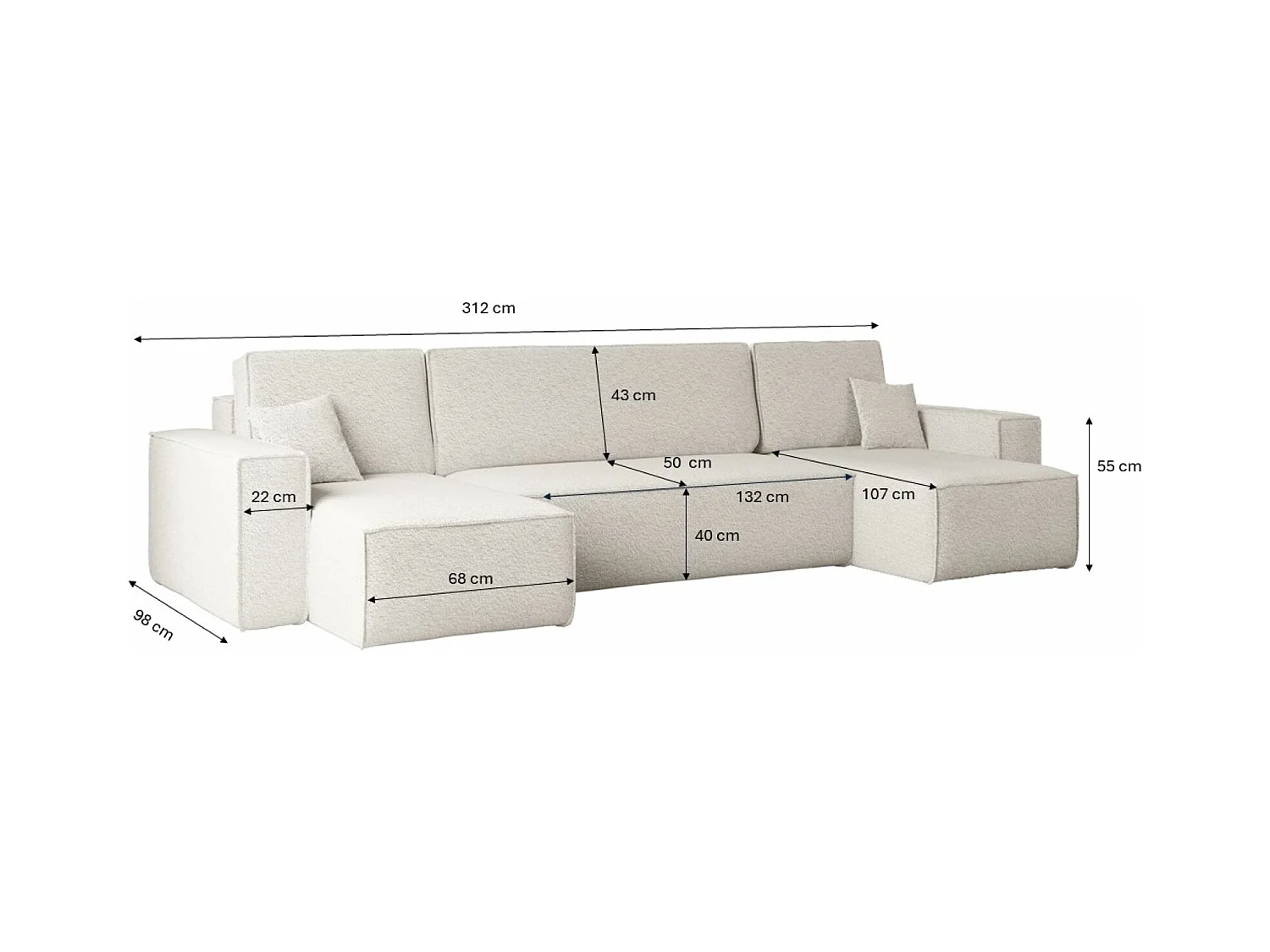 Ecksofa mit schlaffunktion und bettkasten, Sofa U-form, Couch U-form BEST stoff Abriamo Ecru