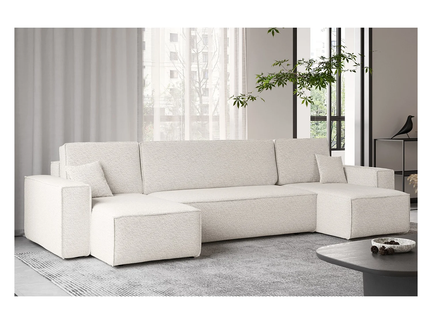 Divano angolare con funzione letto e contenitore, divano a U, divano a U tessuto BEST Abriamo Ecru