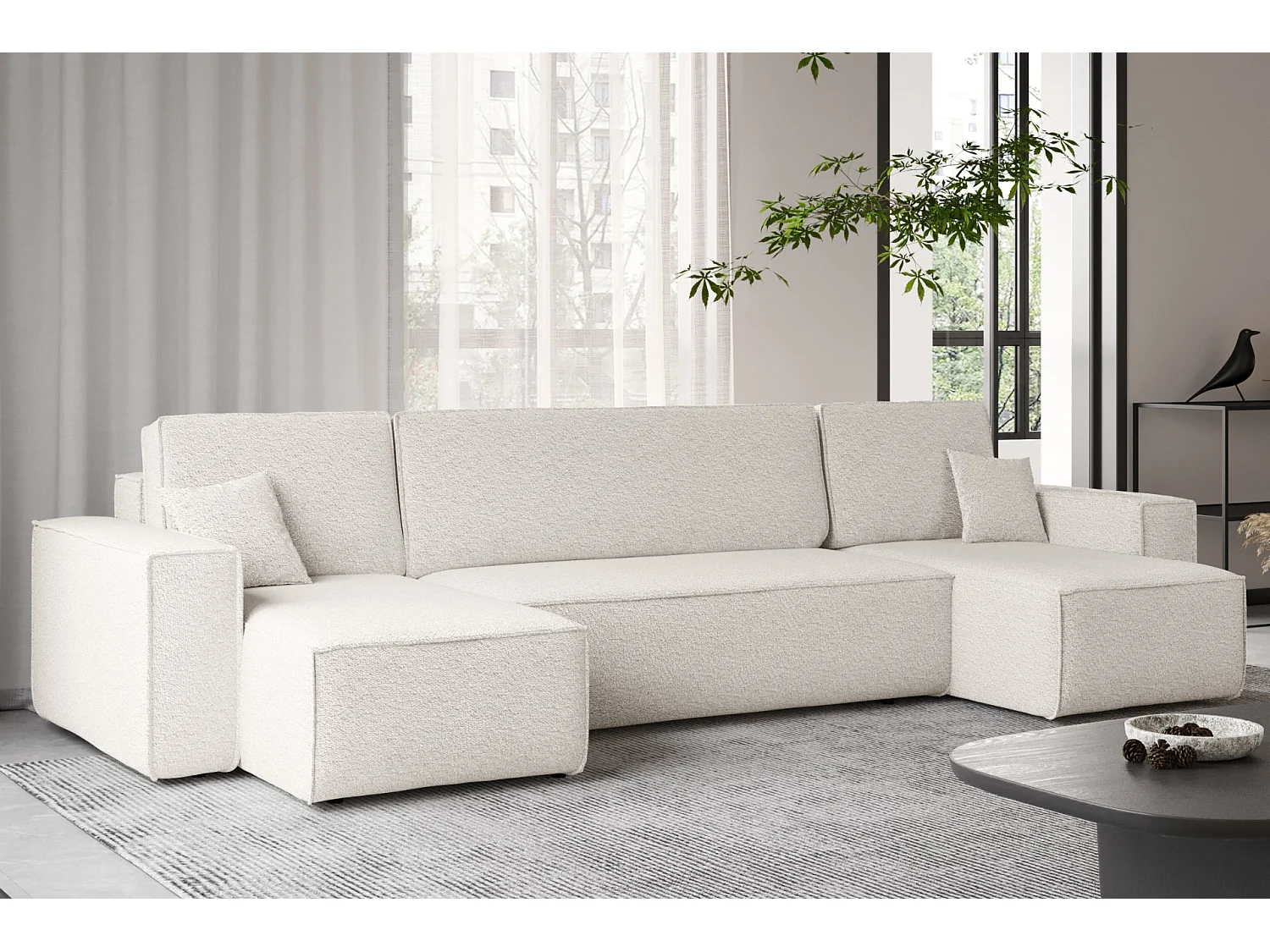 Ecksofa mit schlaffunktion und bettkasten, Sofa U-form, Couch U-form BEST stoff Abriamo Ecru