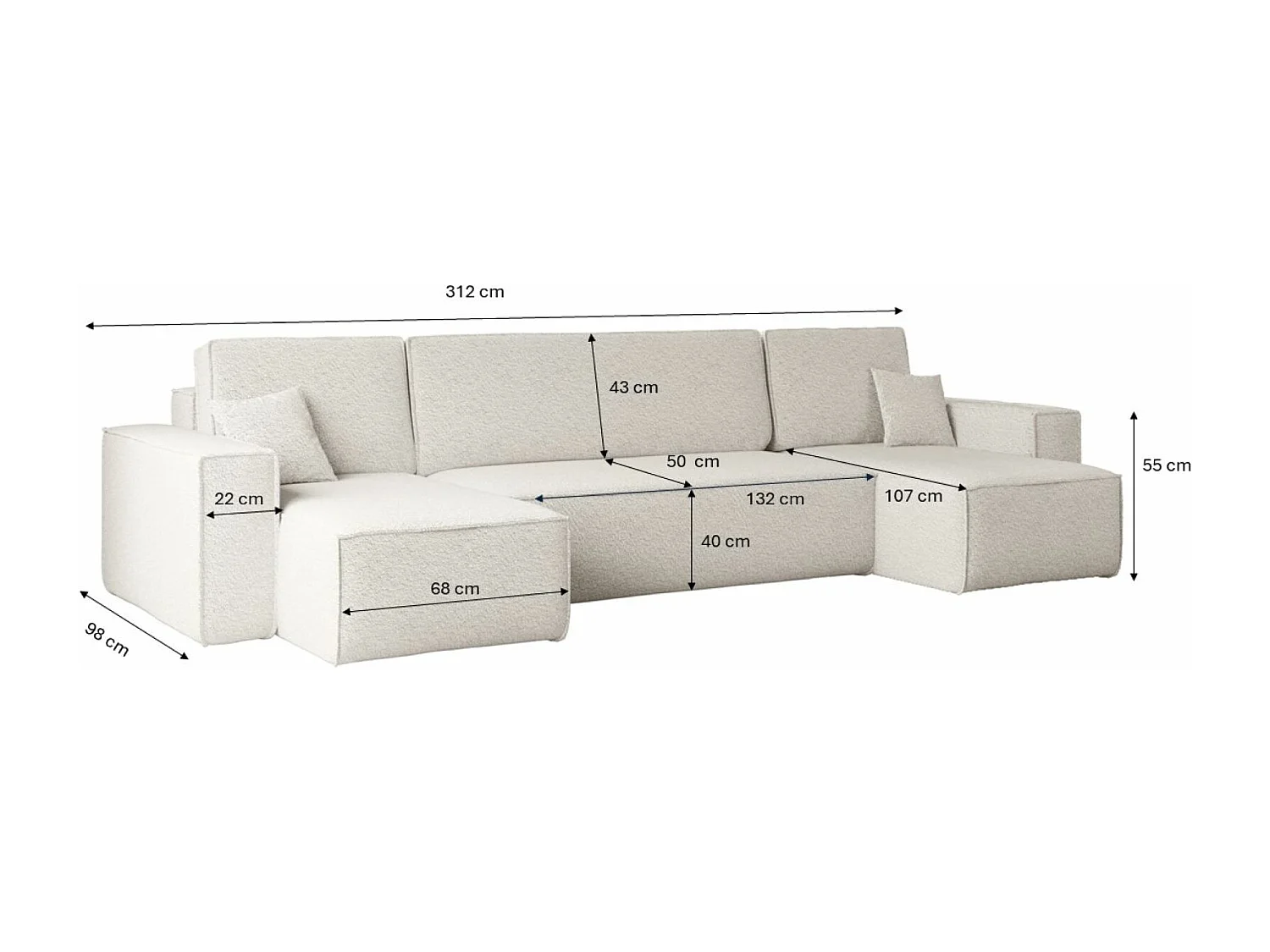 Ecksofa mit schlaffunktion und bettkasten, Sofa U-form, Couch U-form BEST stoff Abriamo Ecru