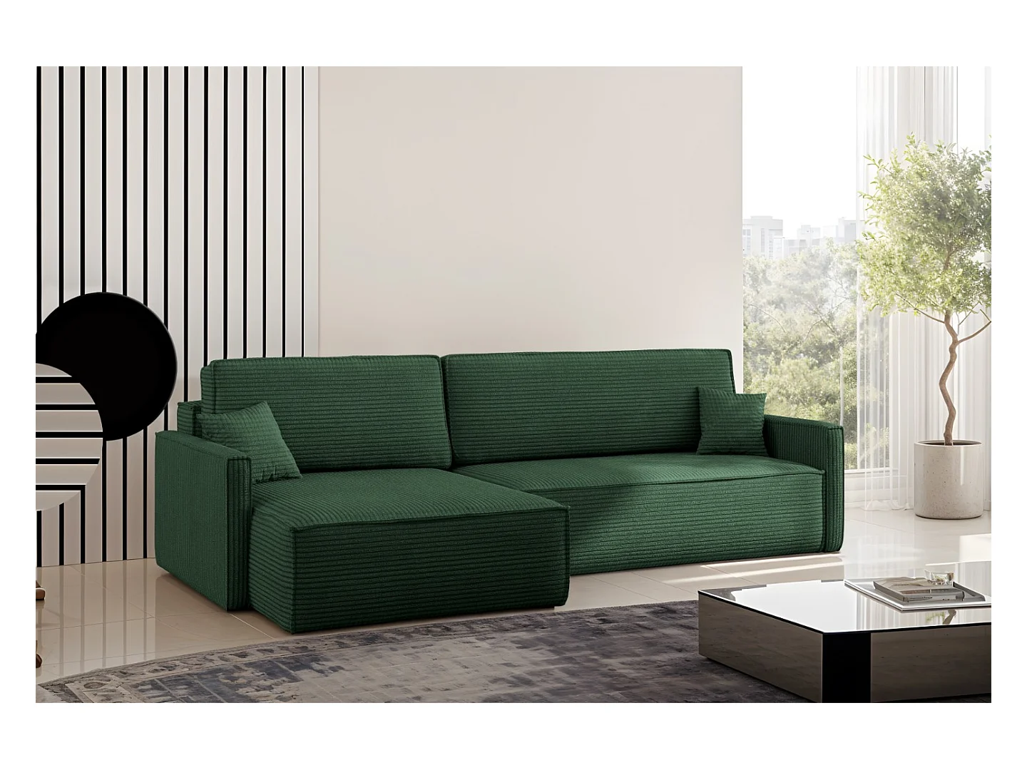 Canapé-lit Carlos, canapé d'angle en L avec fonction couchage et coffre de lit, tissu Poso Green Left