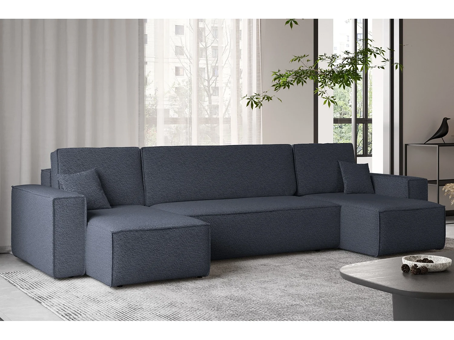Ecksofa mit schlaffunktion und bettkasten, Sofa U-form, Couch U-form BEST stoff Abriamo Dunkelblau