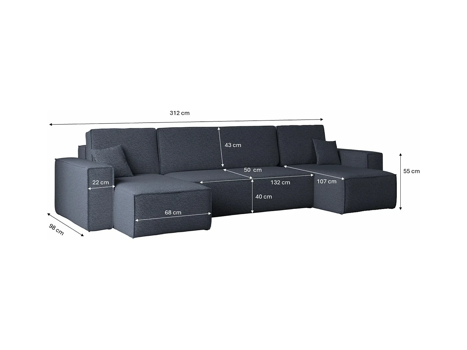 Ecksofa mit schlaffunktion und bettkasten, Sofa U-form, Couch U-form BEST stoff Abriamo Dunkelblau