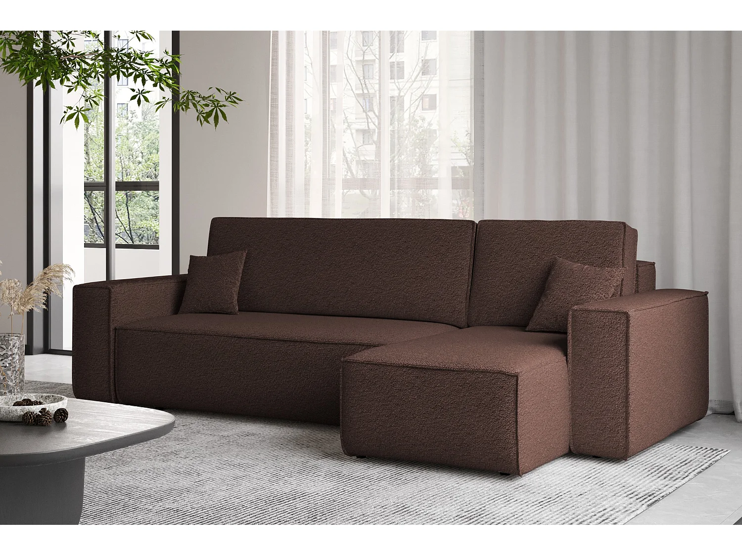 Ecksofa mit schlaffunktion und bettkasten, Ecksofa L-Form, Eckcouch L-Form BEST stoff Abriamo Braun Rechts