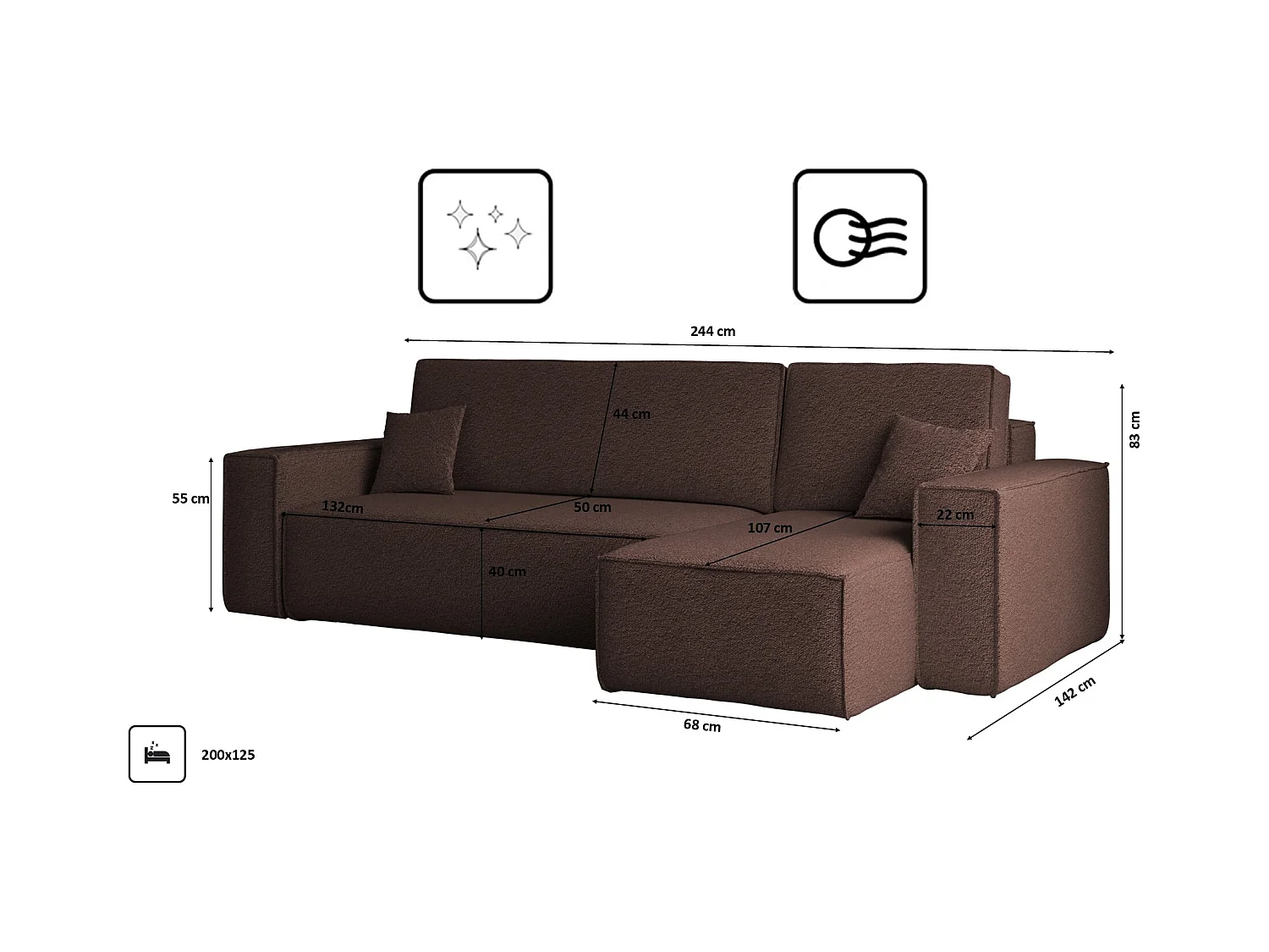Ecksofa mit schlaffunktion und bettkasten, Ecksofa L-Form, Eckcouch L-Form BEST stoff Abriamo Braun Rechts