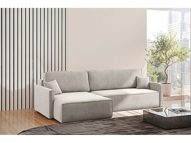 Canapé-lit en L Carlos, canapé d'angle avec coffre de lit et fonction couchage, tissu Salvador, droite, beige