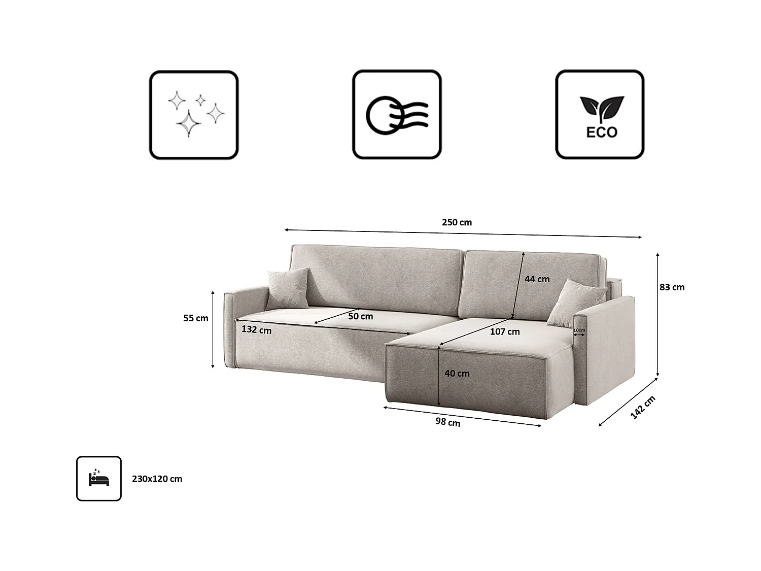Schlafsofa Carlos L-Form, Ecksofa Mit Bettkasten Und Schlaffunktion Stoff Salvador Rechts Beige
