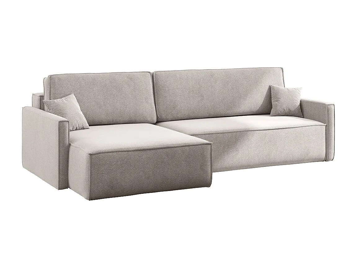 Canapé-lit en L Carlos, canapé d'angle avec coffre de lit et fonction couchage, tissu Salvador, droite, beige