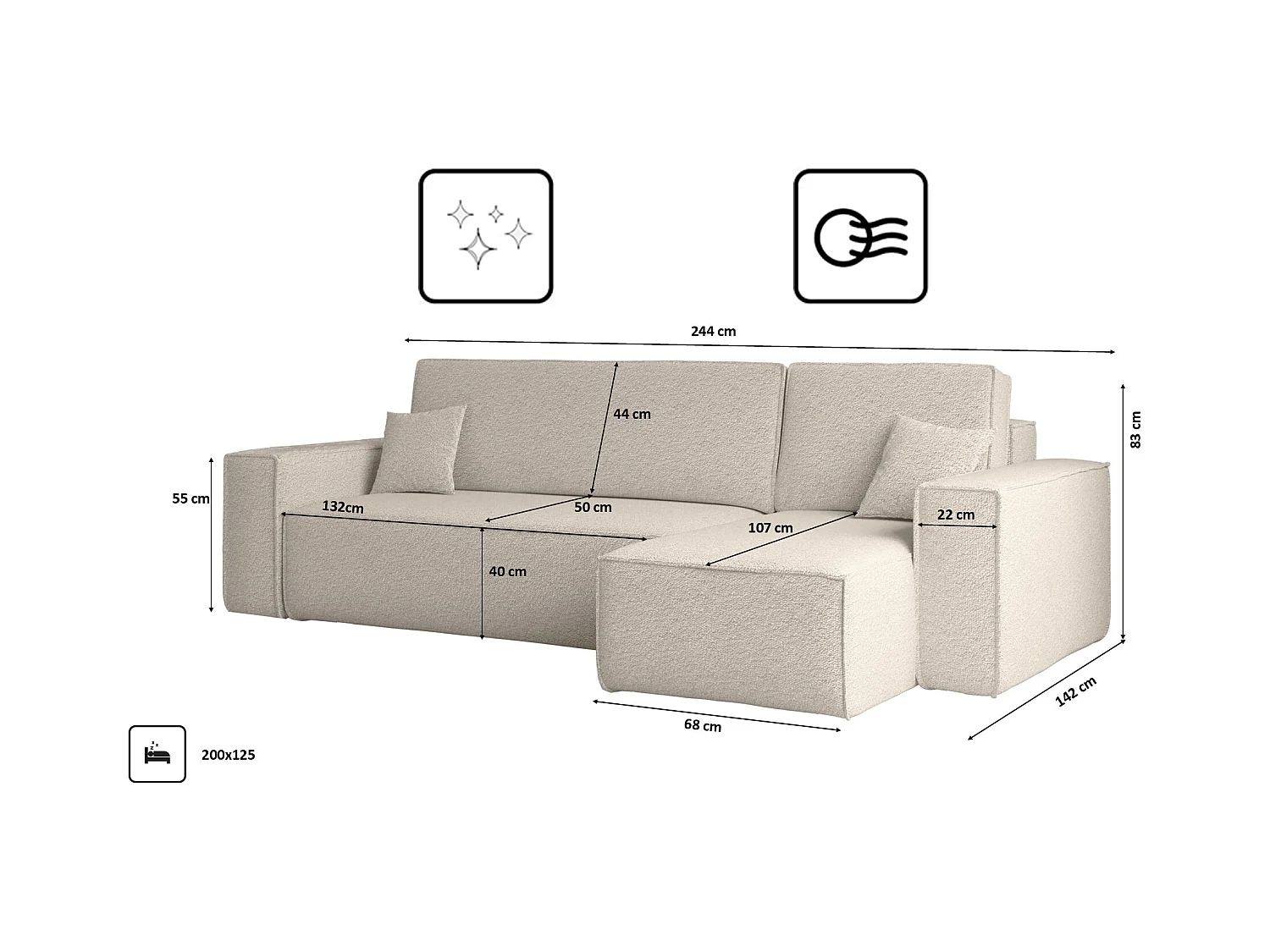 Ecksofa mit schlaffunktion und bettkasten, Ecksofa L-Form, Eckcouch L-Form BEST stoff Abriamo Beige Rechts