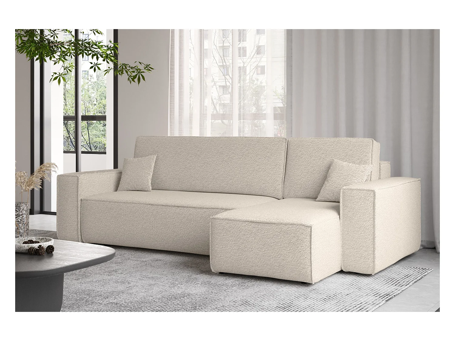 Canapé d'angle avec fonction couchage et coffre de lit, canapé d'angle en L, canapé d'angle en L BEST tissu Abriamo Beige Droite