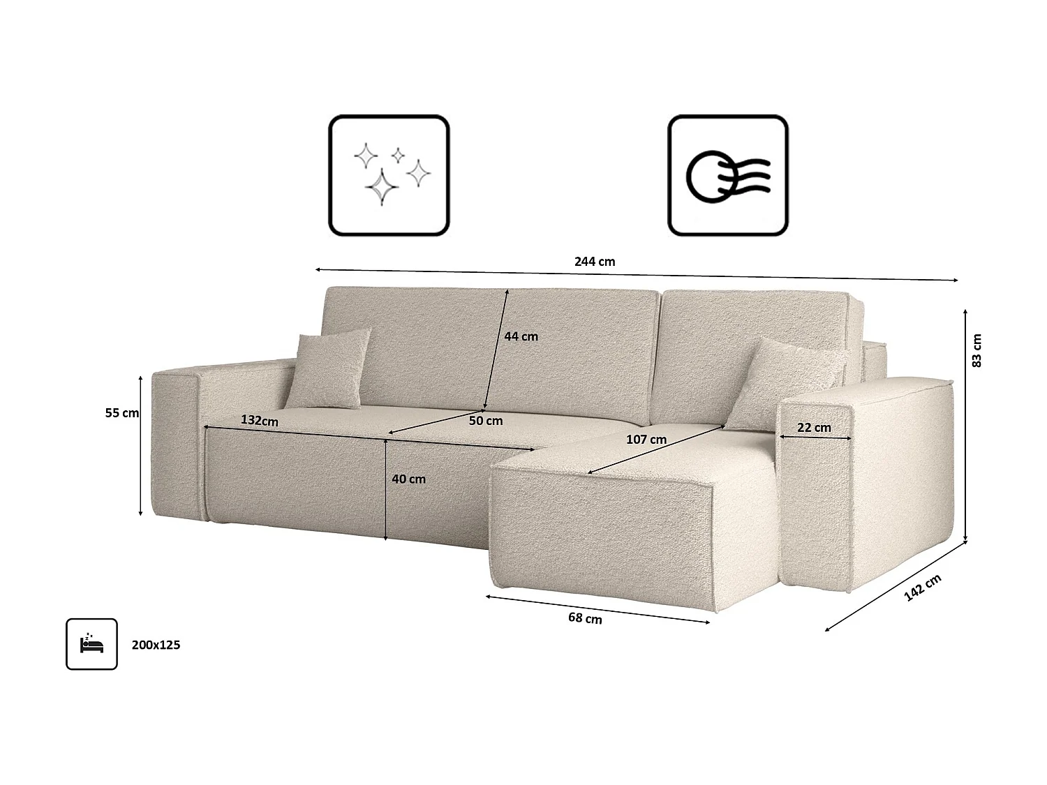 Narożnik z funkcją spania i pojemnikiem, Sofa w kształcie L, BEST L, tkanina Abriamo, Beżowy, Prawy