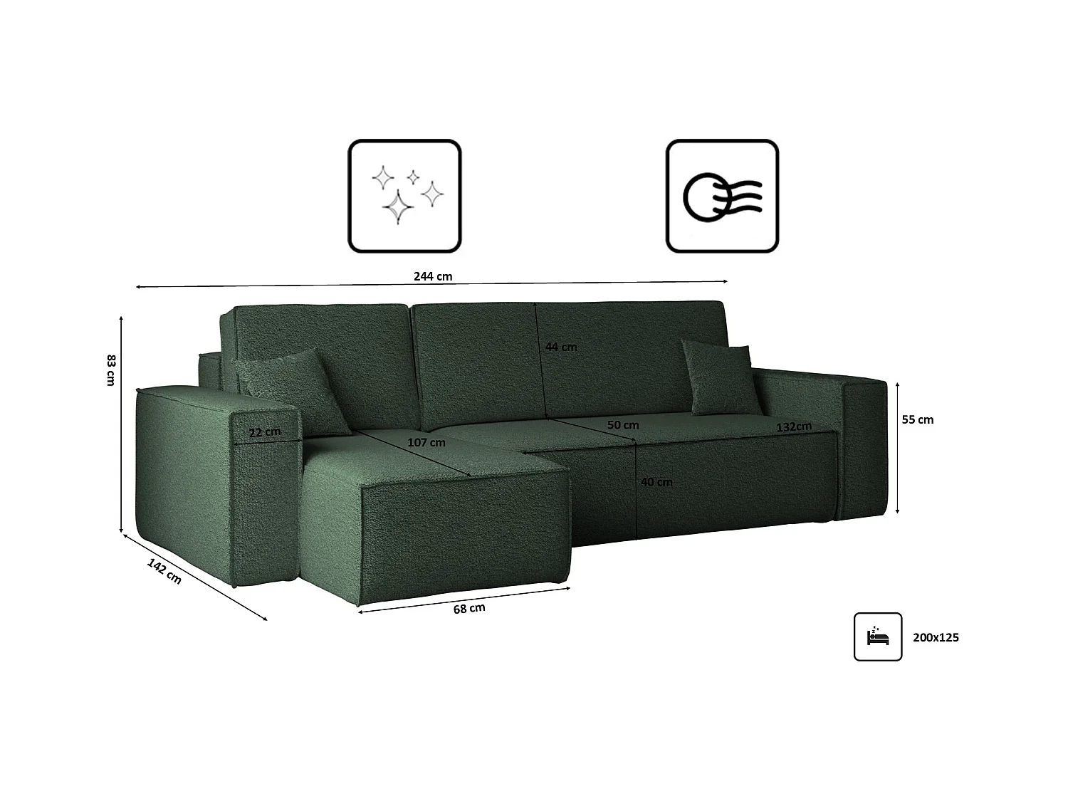 Ecksofa mit schlaffunktion und bettkasten, Ecksofa L-Form, Eckcouch L-Form BEST stoff Abriamo Dunkelgrün Links