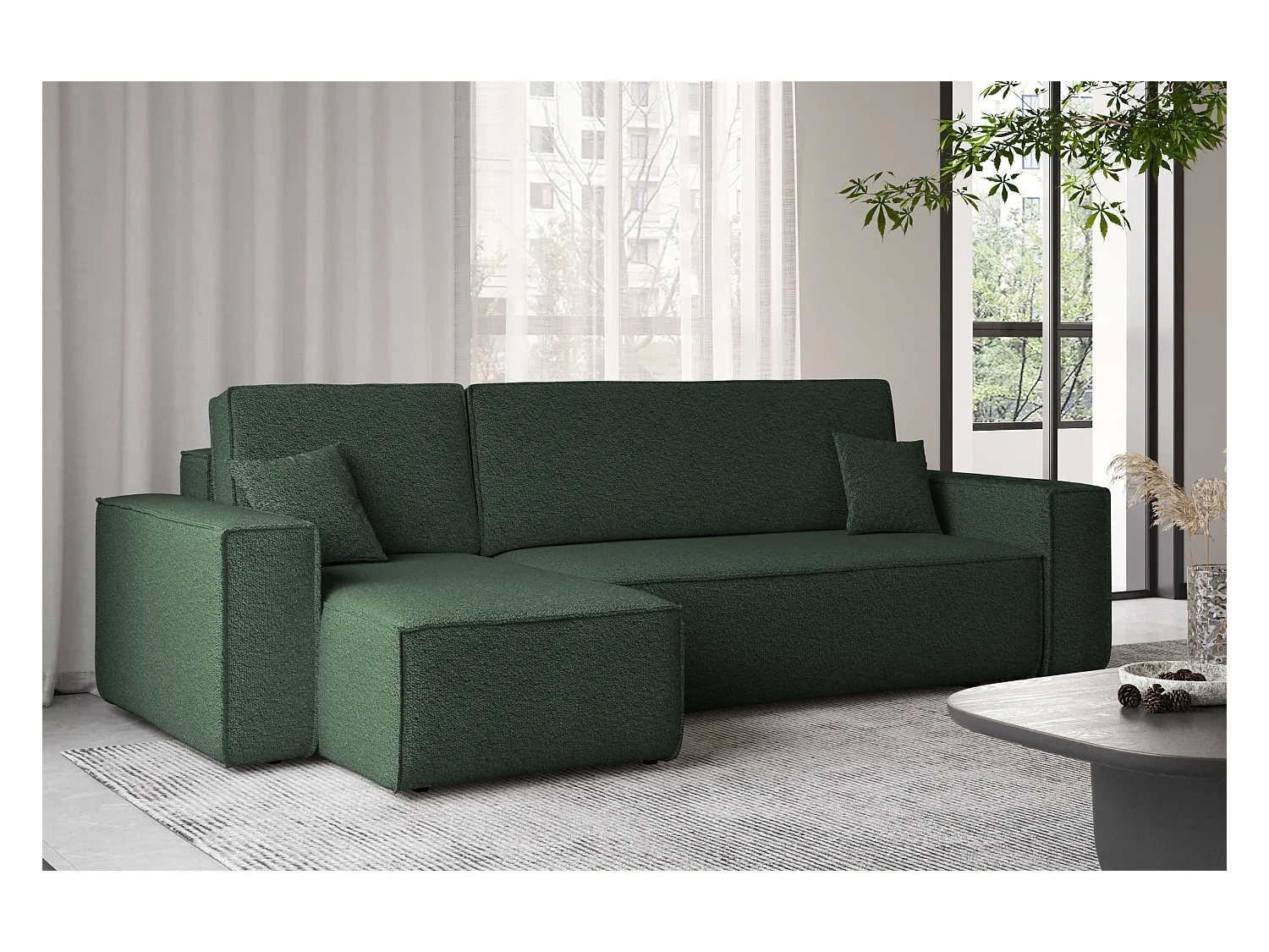 Canapé d'angle avec fonction couchage et coffre de lit, canapé d'angle en L, canapé d'angle en L BEST tissu Abriamo Vert Foncé Gauche