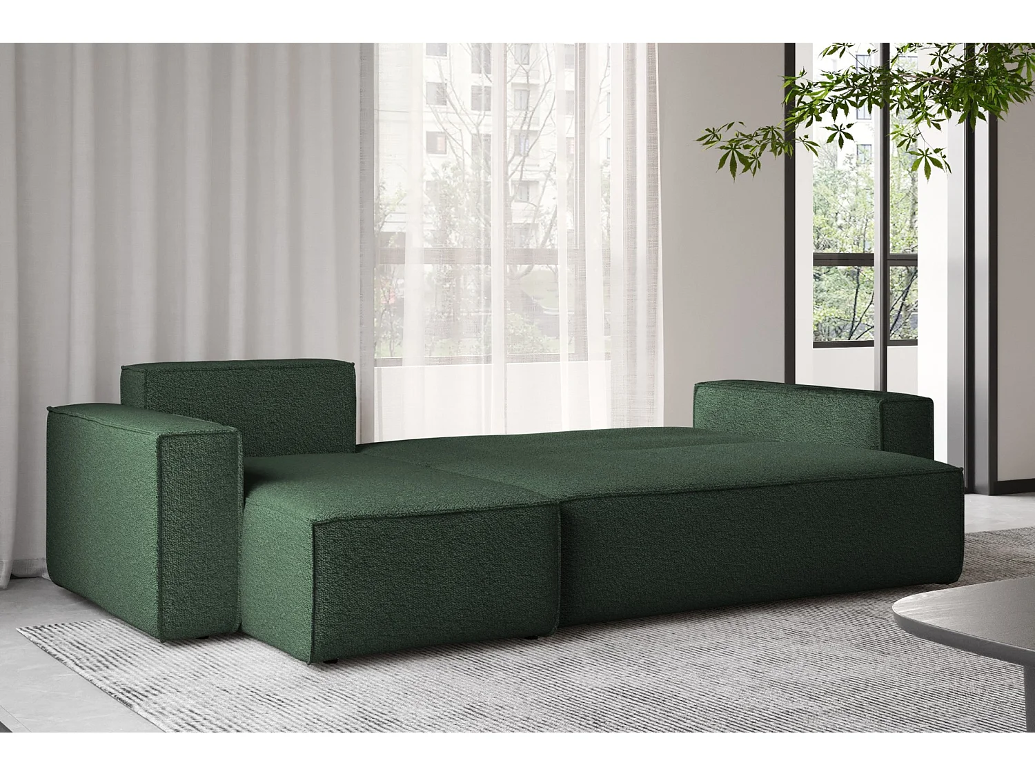 Canapé d'angle avec fonction couchage et coffre de lit, canapé d'angle en L, canapé d'angle en L BEST tissu Abriamo Vert Foncé Gauche