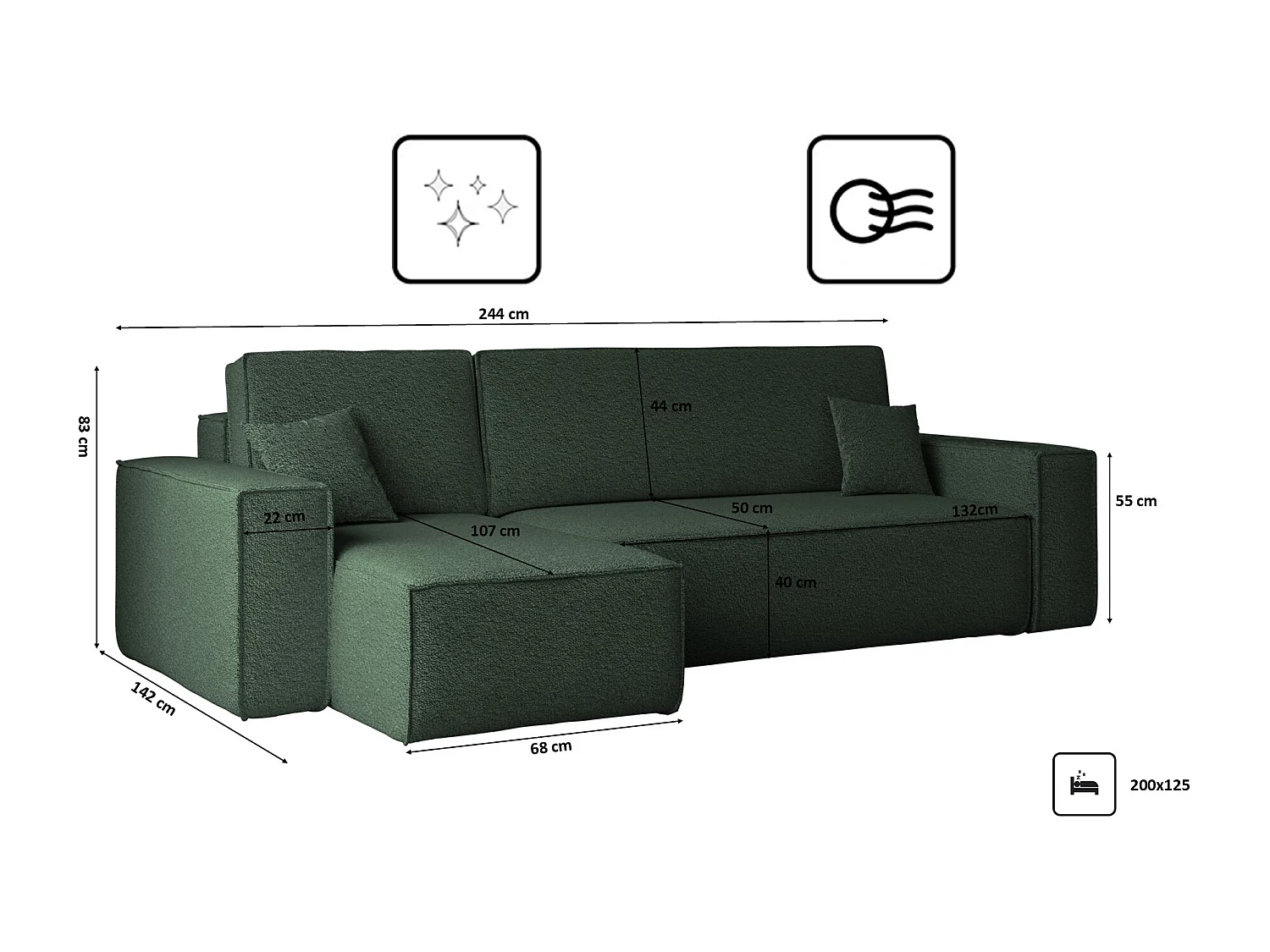Canapé d'angle avec fonction couchage et coffre de lit, canapé d'angle en L, canapé d'angle en L BEST tissu Abriamo Vert Foncé Gauche