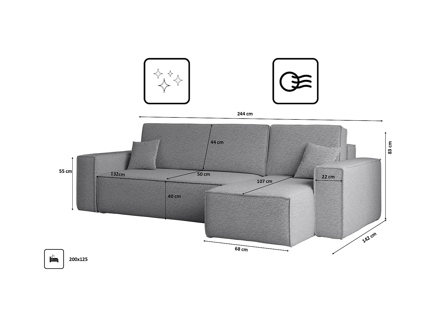 Ecksofa mit schlaffunktion und bettkasten, Ecksofa L-Form, Eckcouch L-Form BEST stoff Abriamo Grau Rechts
