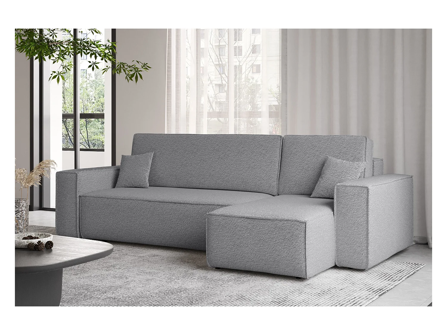 Canapé d'angle avec fonction couchage et coffre de lit, canapé d'angle en L, canapé d'angle en L BEST tissu Abriamo Gris Droite