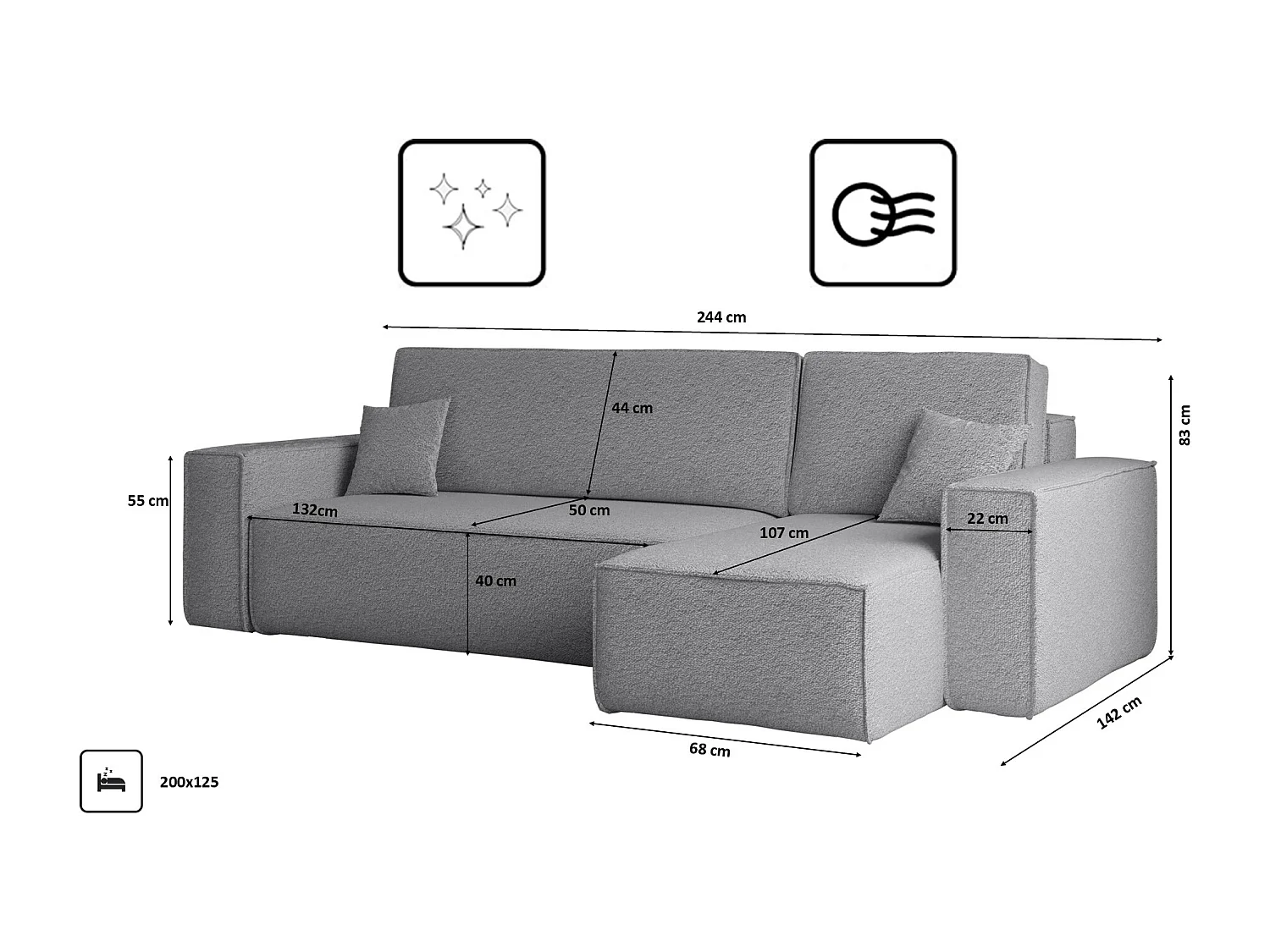 Ecksofa mit schlaffunktion und bettkasten, Ecksofa L-Form, Eckcouch L-Form BEST stoff Abriamo Grau Rechts